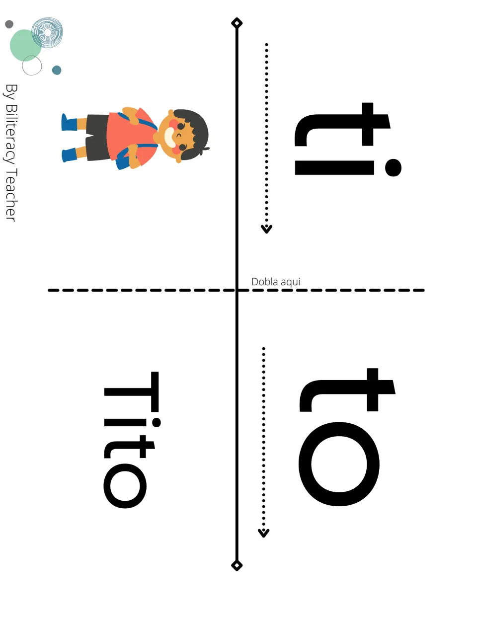 Syllable blending fold page: students read ti and to along the arrows, then fold to show the name Tito with a boy picture