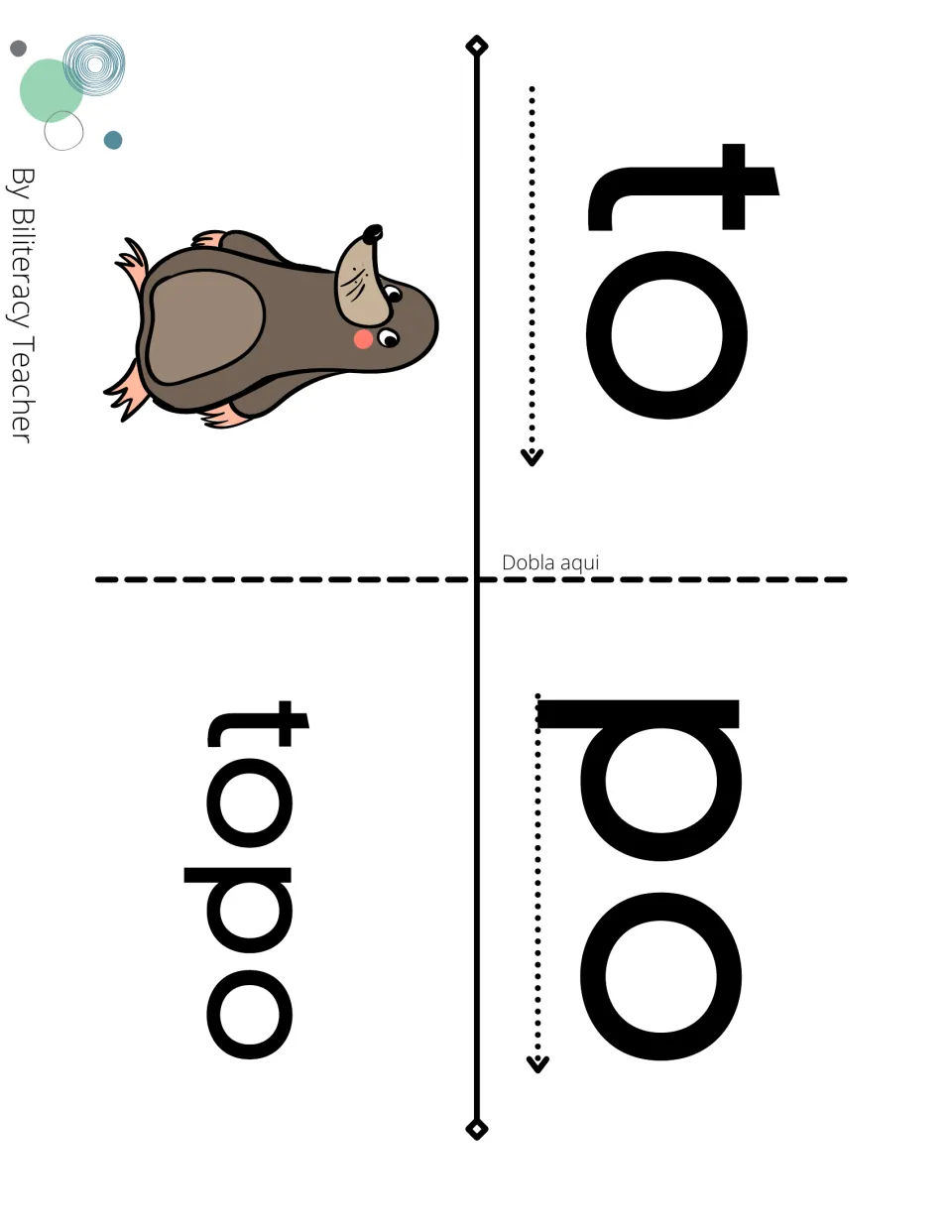 Syllable blending fold page: students read to and po following the arrows, then fold to reveal topo with a mole picture