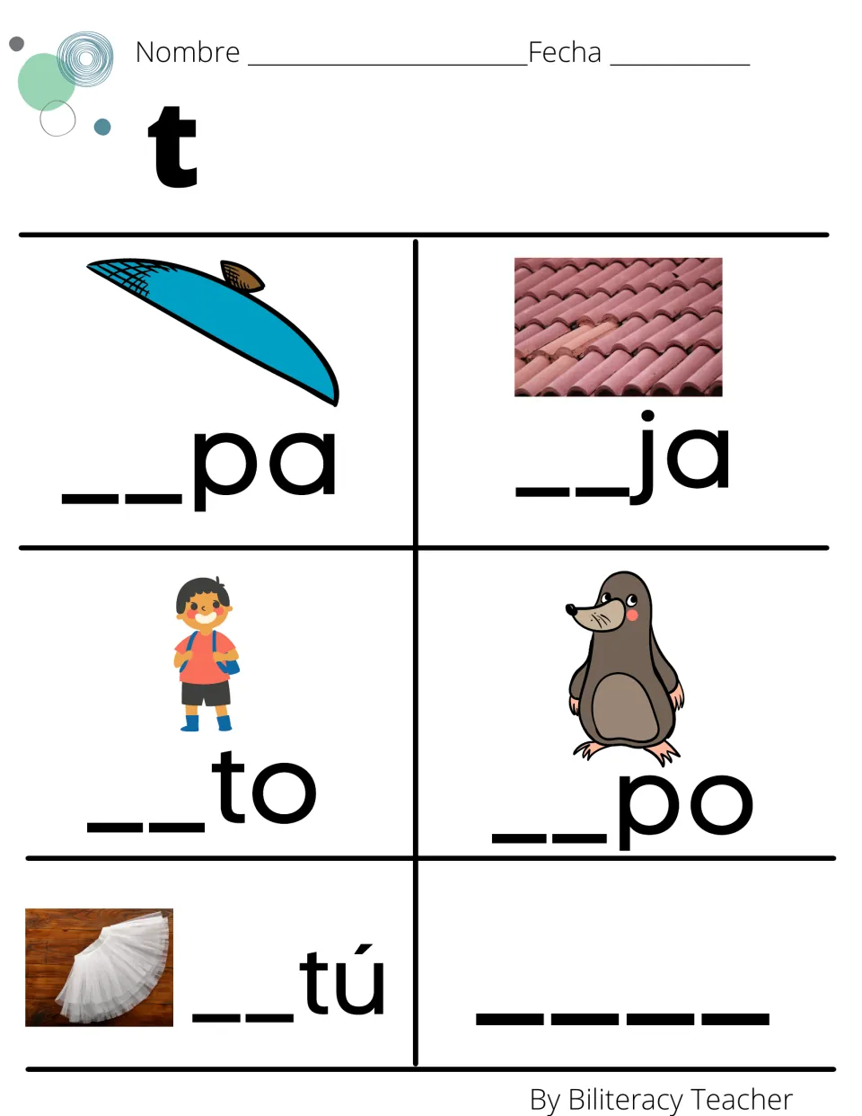 Missing syllable practice for t: students write the first syllable of tapa, teja, Tito, topo and tutú under each picture