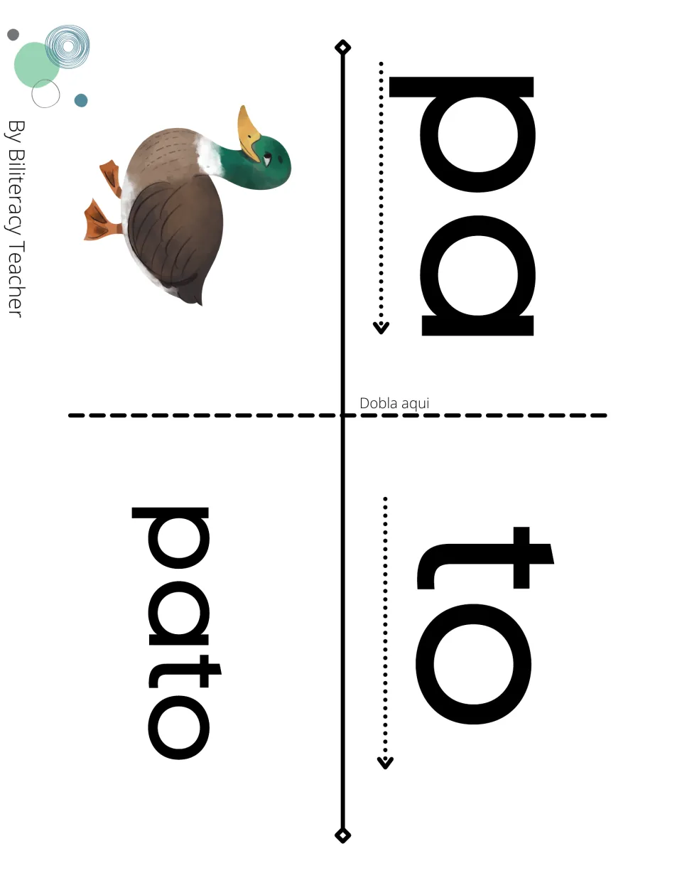 Fold card for pato: students follow arrows under pa and to, fold on Dobla aqui and read the whole word beside a duck