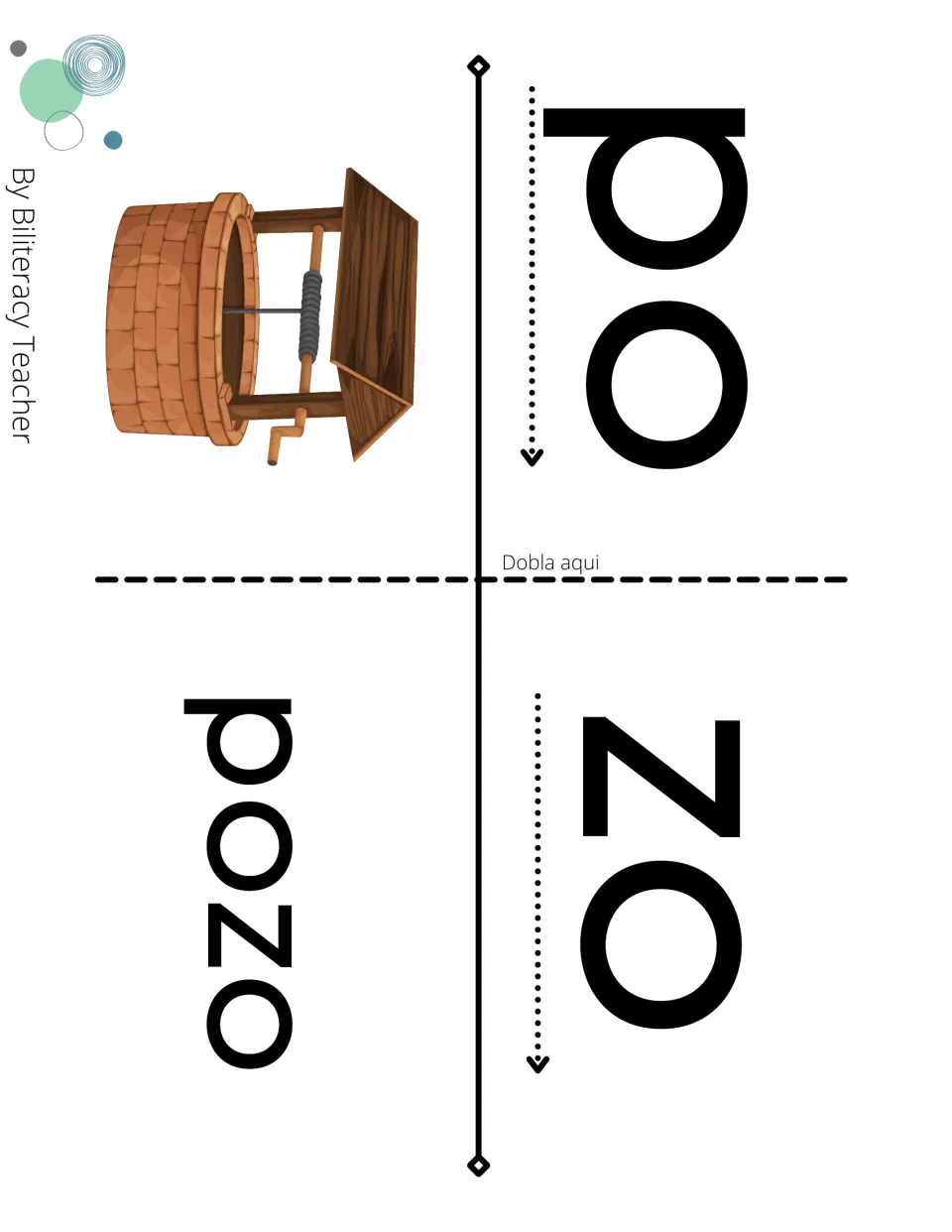 Fold card for pozo: students read po and zo following the arrows, fold on Dobla aqui and blend the word next to a well