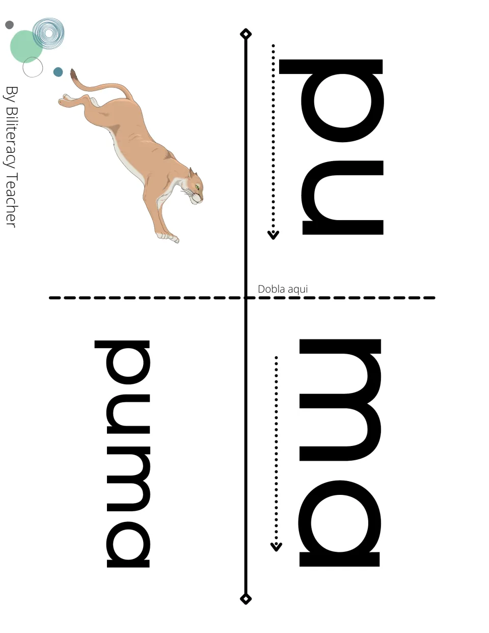 Fold card for puma: students read pu and ma along the arrows, fold on Dobla aqui and blend the word beside a leaping puma