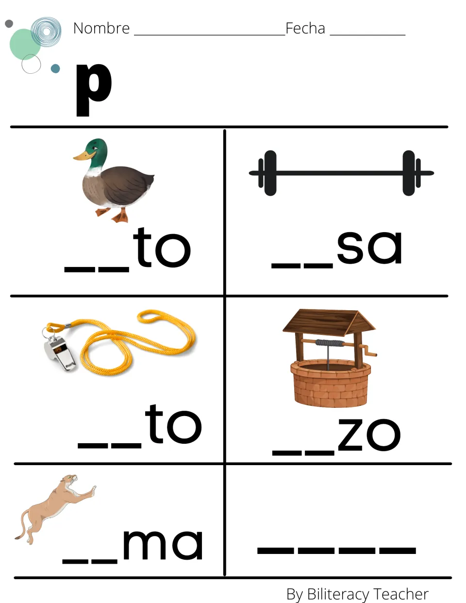 Missing syllable practice: students write the p syllable to finish pato, pesa, pito, pozo and puma, then write a word