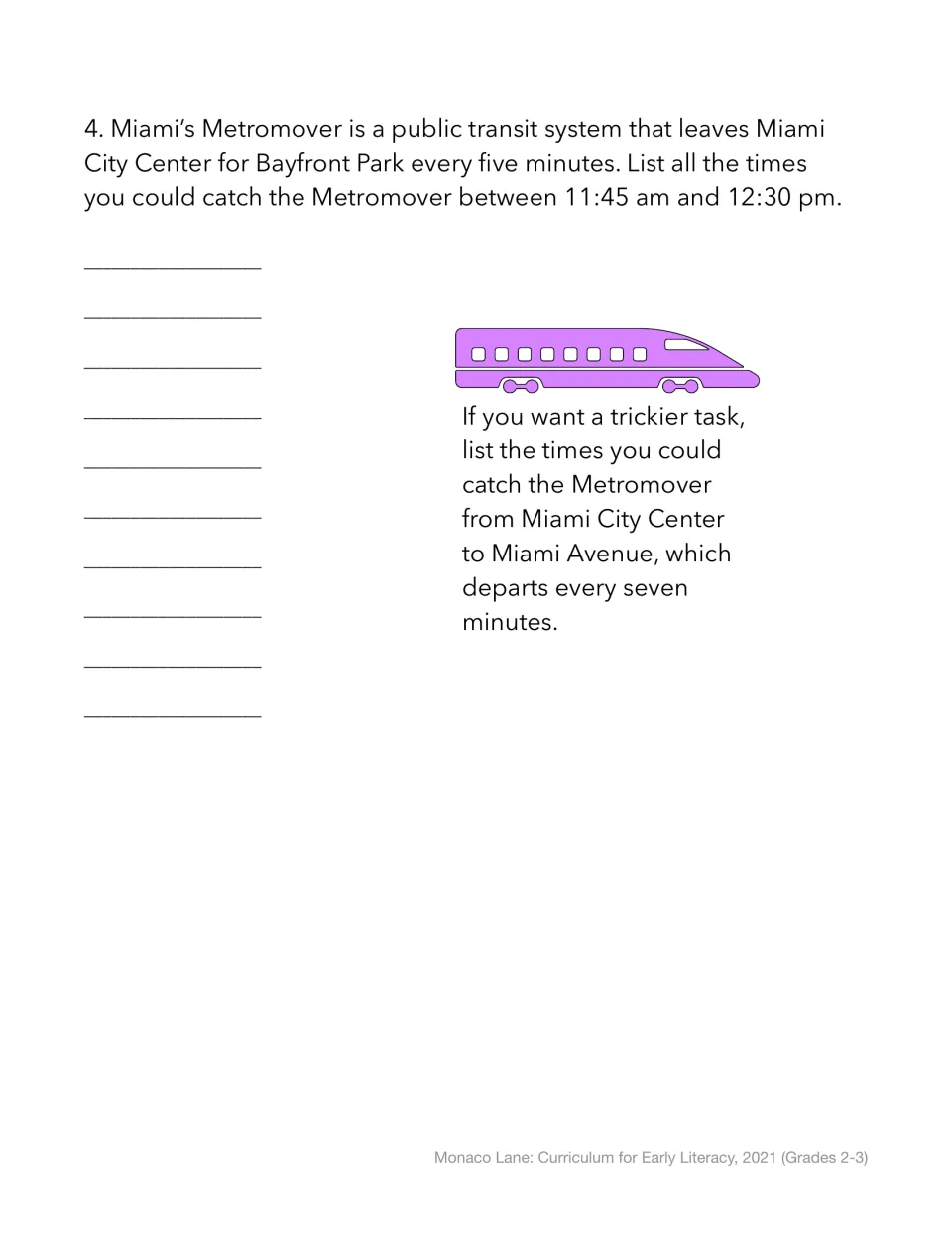 Metromover schedule: students list each 5-minute departure from 11:45 am to 12:30 pm, plus a 7-minute challenge
