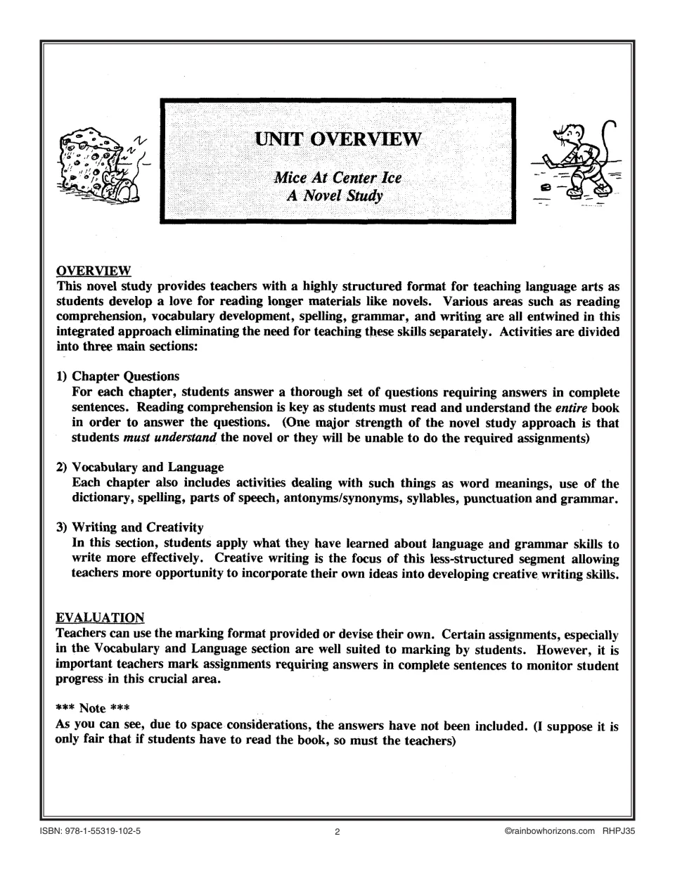 Unit overview for the novel study: chapter questions, vocabulary and language, and writing sections plus evaluation notes