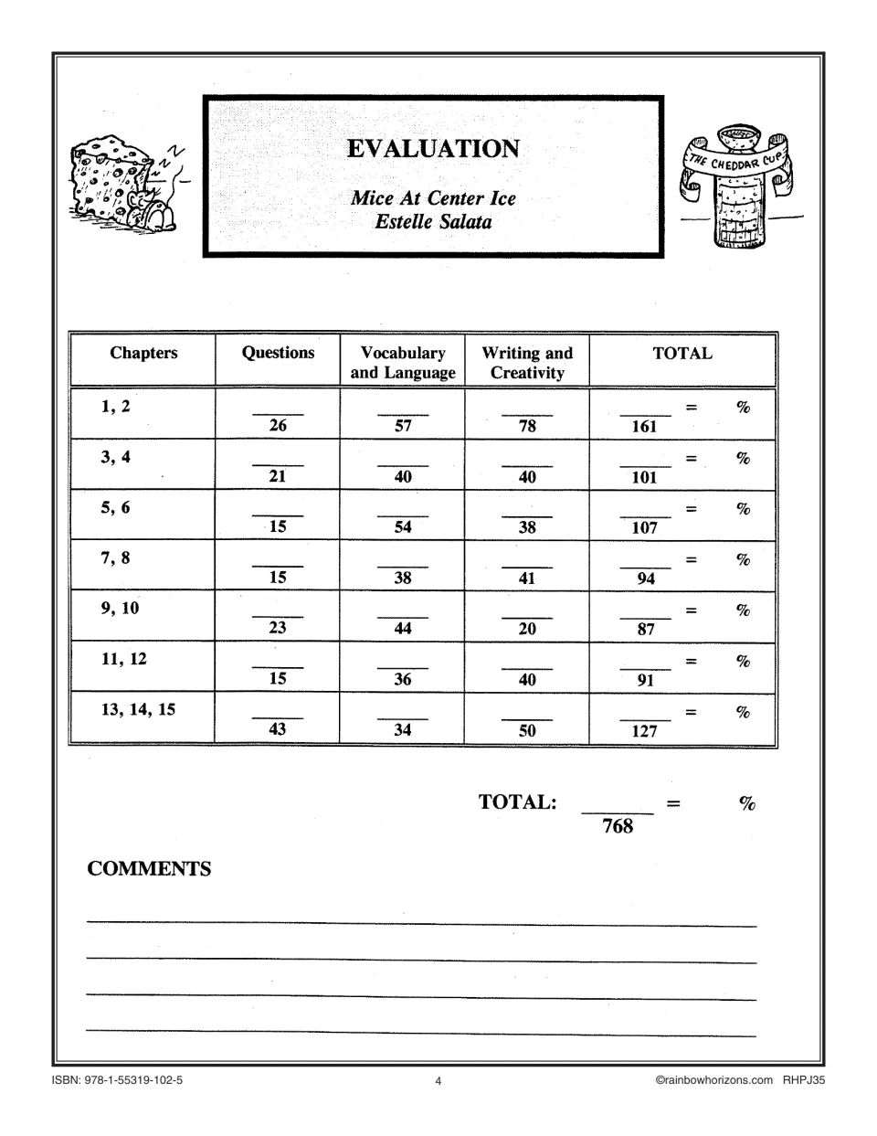 Evaluation tracker: marks for questions, vocabulary and writing for each chapter pair, totaling 768, with a comments area