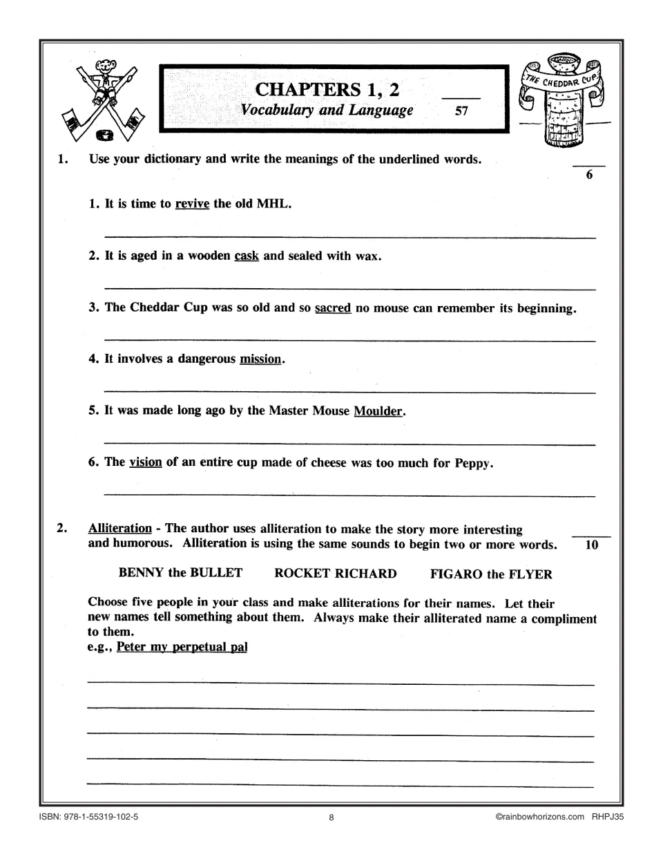 Chapters 1-2 vocabulary: students define underlined words like revive and cask, then write complimentary alliterative names