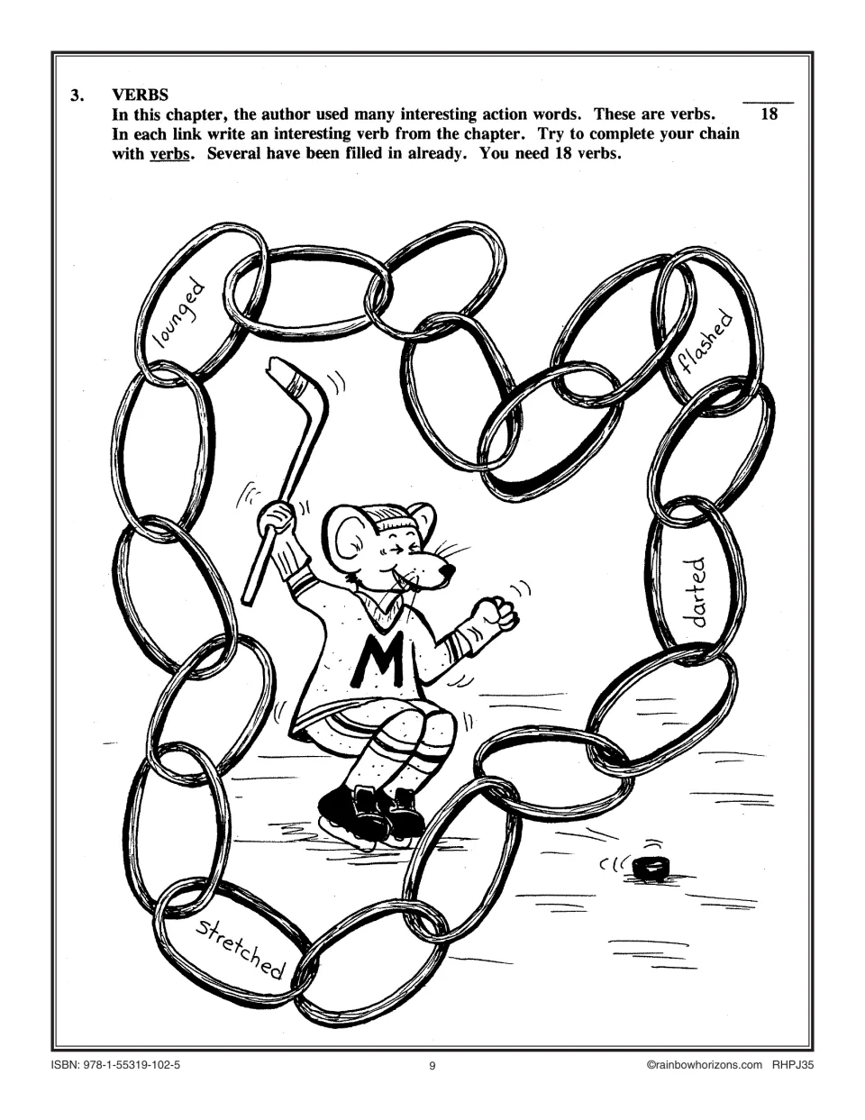 Verb chain: students fill 18 chain links with action verbs from the chapter; lounged, flashed, darted, stretched given
