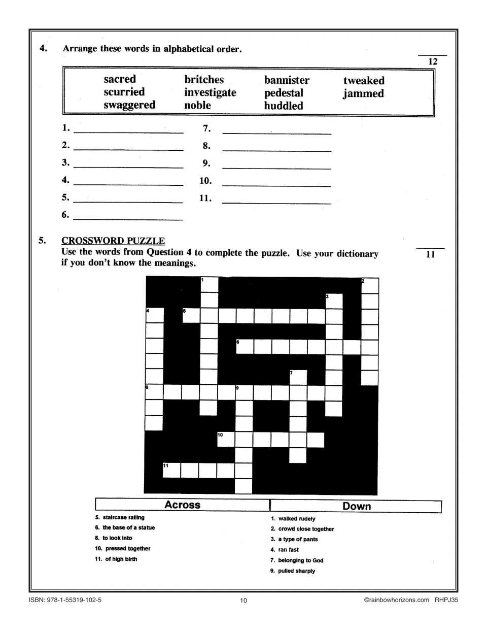 Alphabetical order of 11 chapter words such as sacred and bannister, then a crossword using those words and their meanings