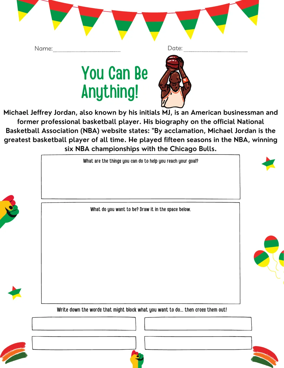 You Can Be Anything! sheet on Michael Jordan: students read a short bio, then list goal steps and draw a dream job