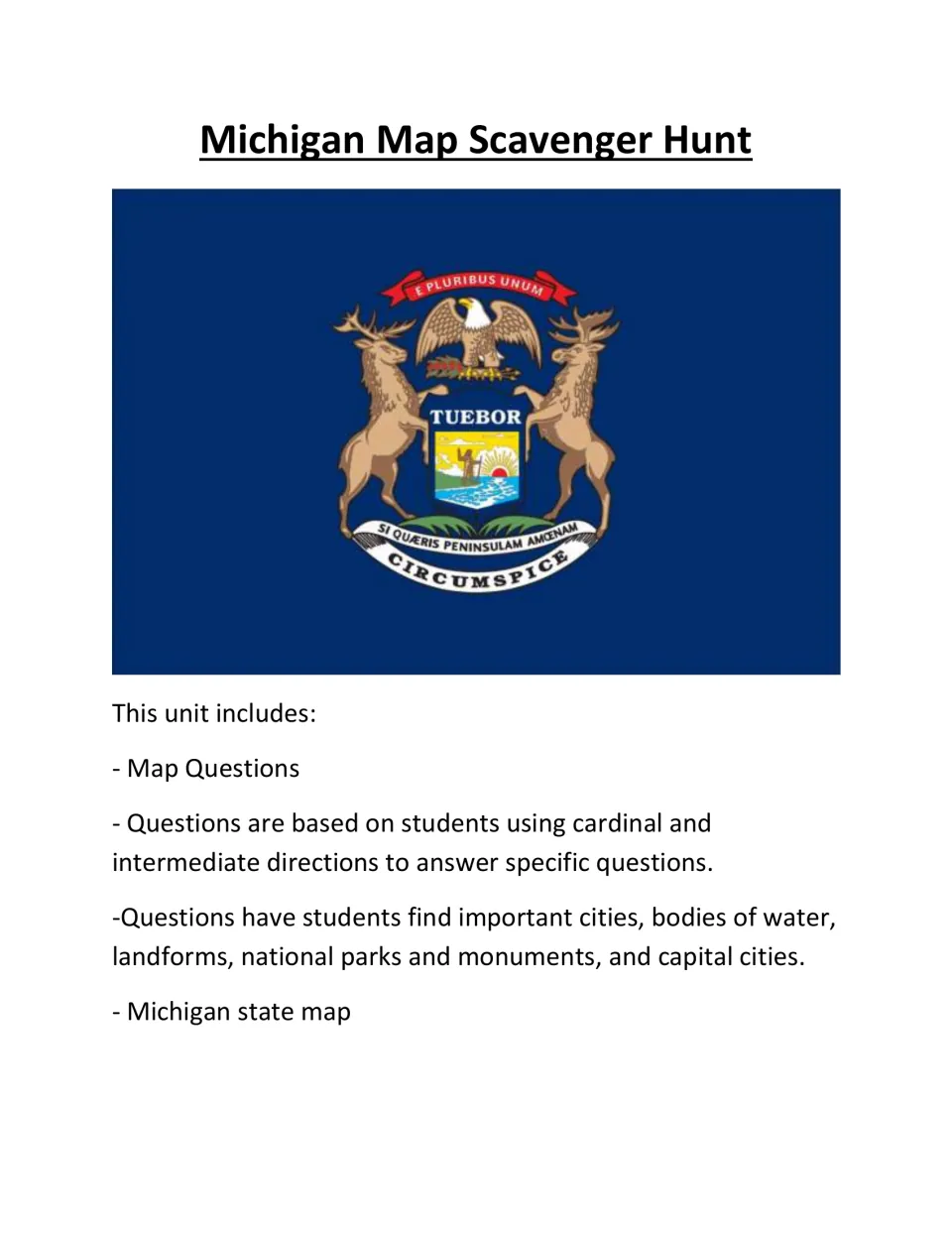 Cover of Michigan Map Scavenger Hunt listing map questions, direction skills, and a Michigan state map