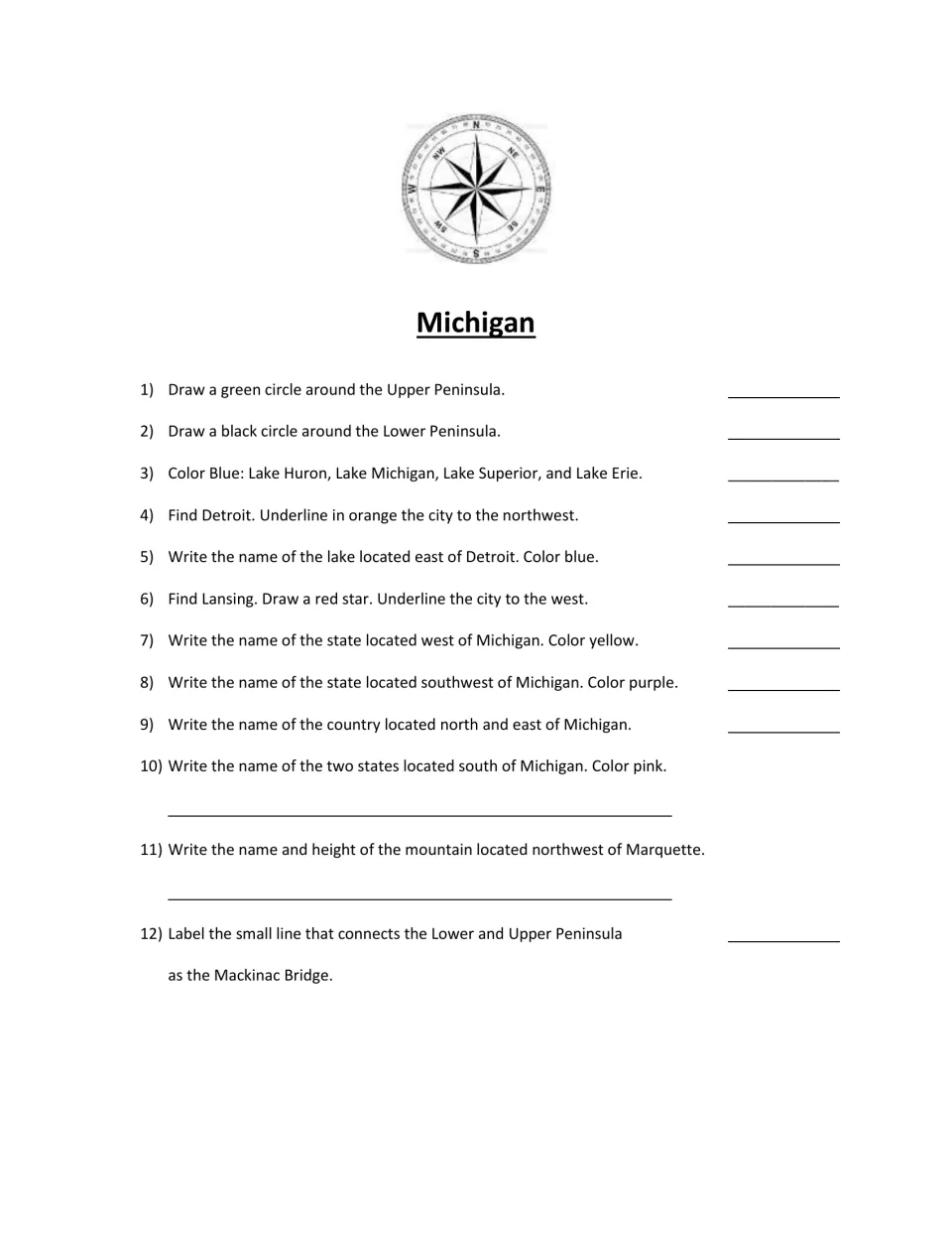 Scavenger hunt tasks 1–12 ask students to identify peninsulas, lakes, cities, neighboring states, and a mountain
