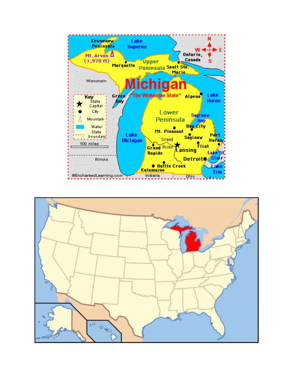 Reference maps for the scavenger hunt show Michigan cities, lakes, and peninsulas, plus its U.S. location