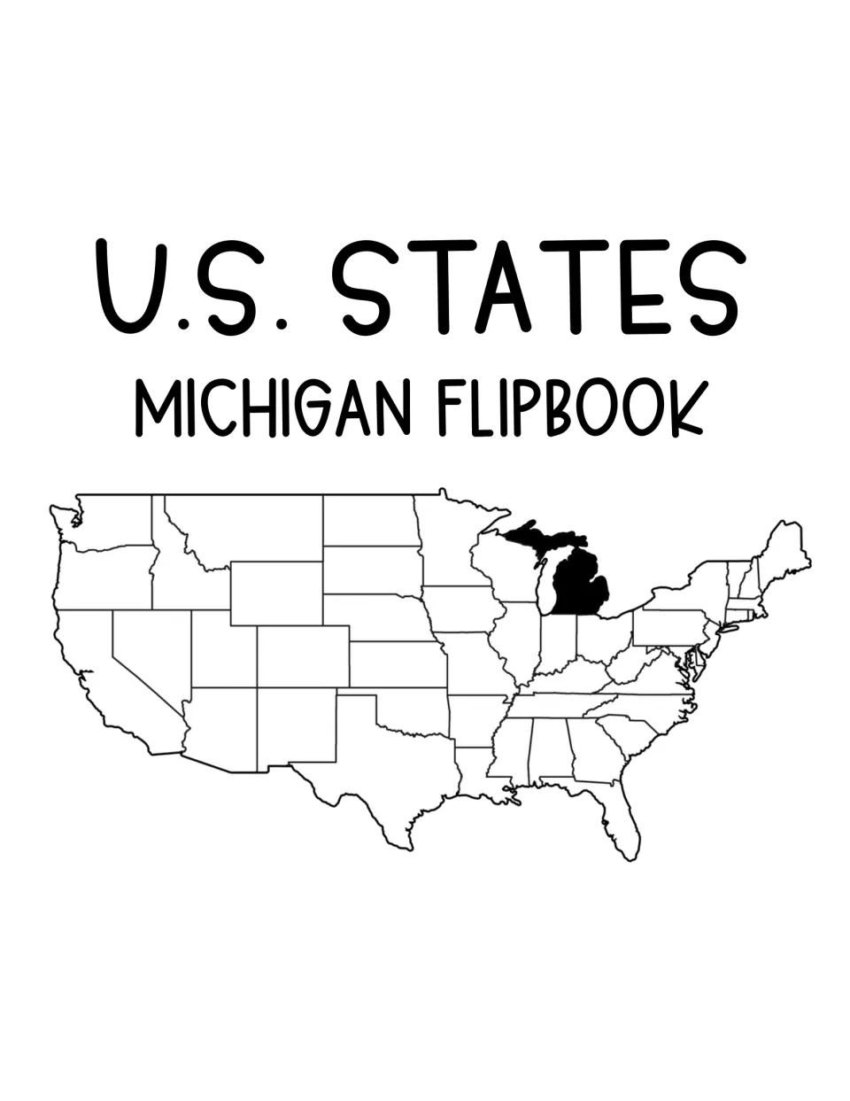 Cover titled U.S. States Michigan Flipbook, with a U.S. map outline where Michigan is shaded black to show its location