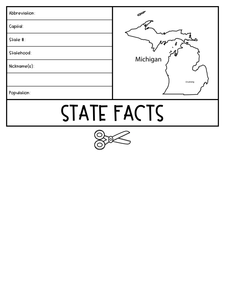 State facts flap: students record Michigan's abbreviation, capital, state number, statehood, nicknames and population
