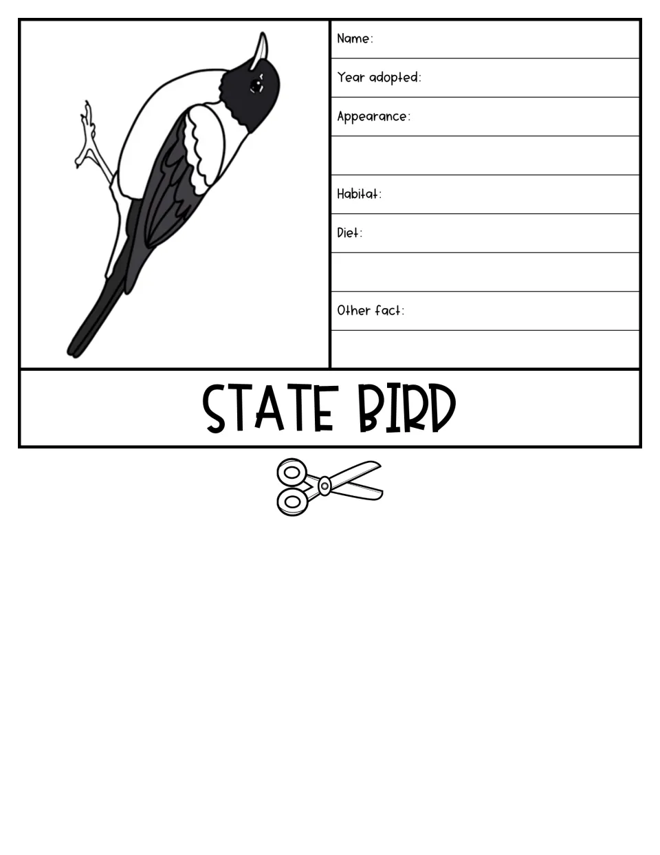 State bird flap: beside a bird drawing, students note its name, year adopted, appearance, habitat, diet and a fact
