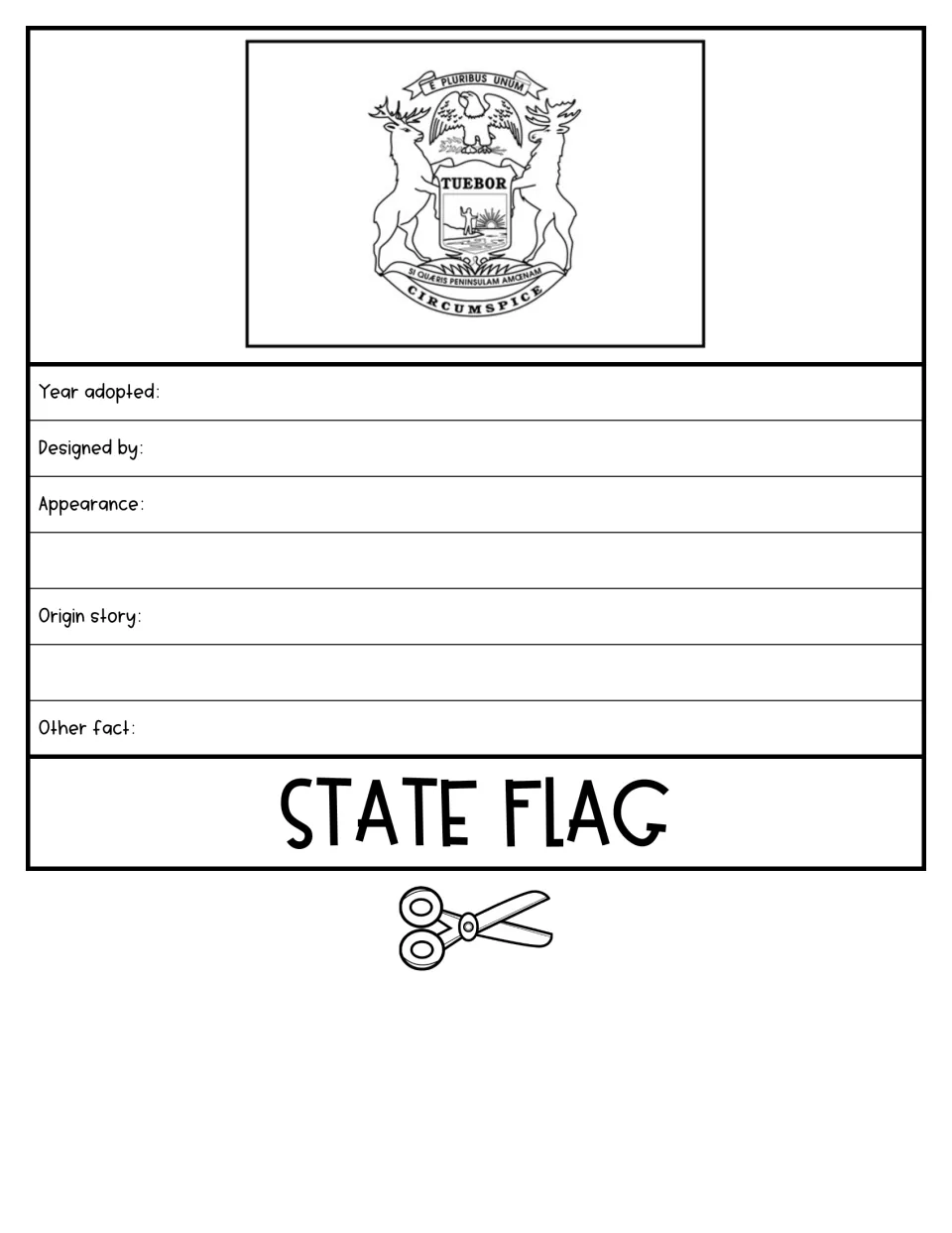 State flag flap: under a flag drawing with elk, eagle and Tuebor, students record year, designer and origin story