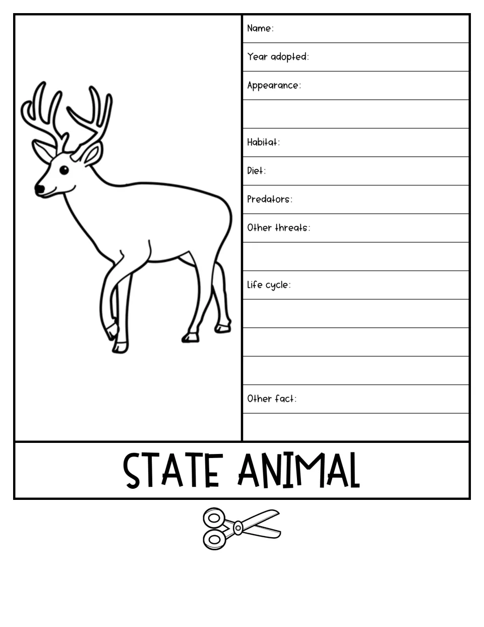 State animal flap: beside an antlered deer drawing, students write its habitat, diet, predators, threats and life cycle
