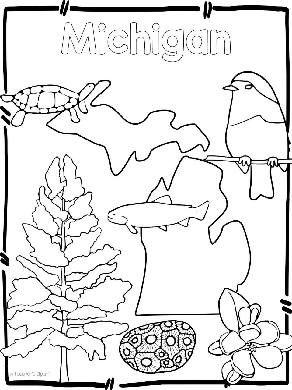 Michigan coloring page: students color the state outline with a turtle, robin, fish, tree, patterned stone and blossom