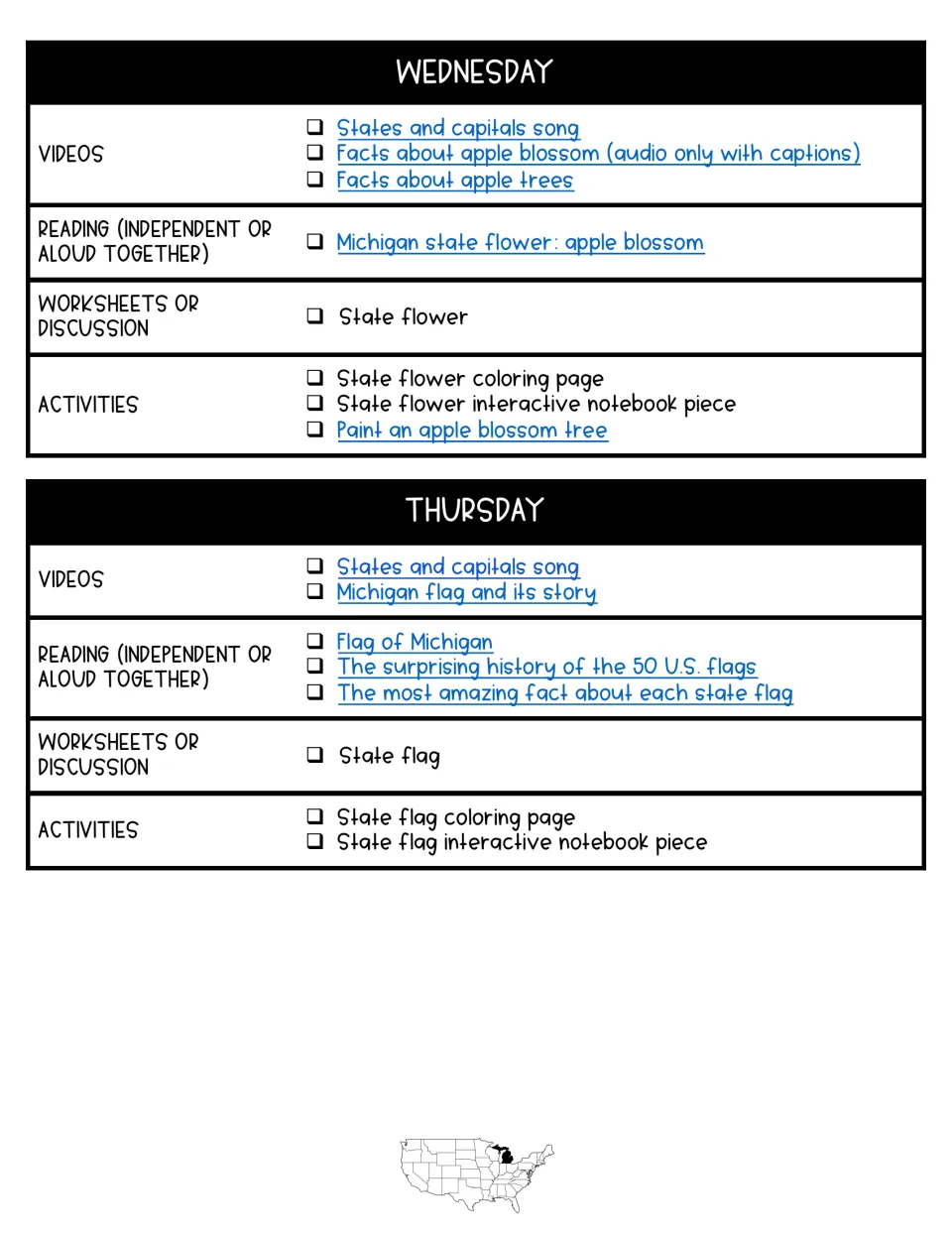 Wednesday and Thursday plans explore the apple blossom and Michigan flag with reading and notebook tasks