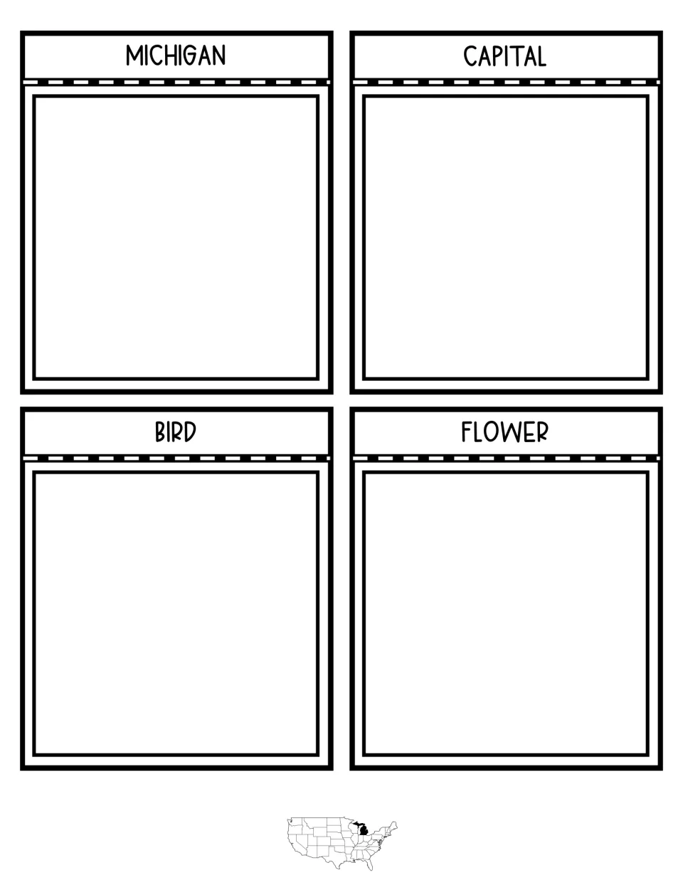 Michigan interactive notebook pieces 1–4 provide blank spaces labeled Michigan, Capital, Bird, and Flower