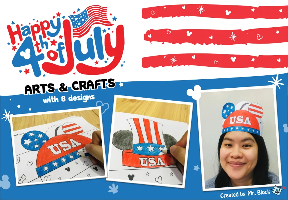 Happy 4th of July arts and crafts cover: 8 Mickey-ear hat designs to color, shown being colored and worn as a USA headband