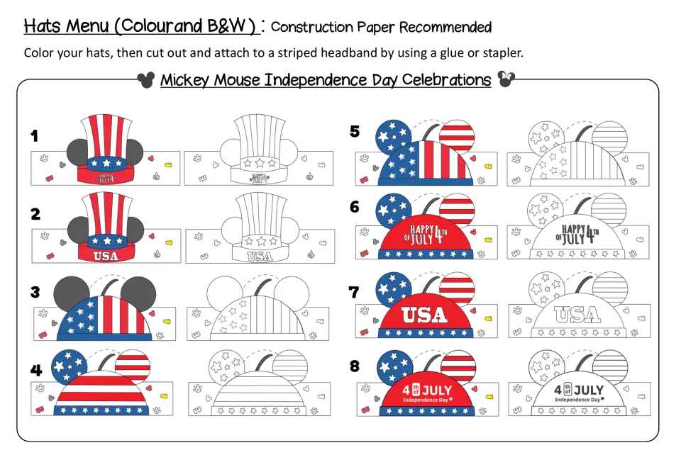 Hats menu: 8 Mickey Independence Day hat designs in color and black and white to color, cut out and attach to a headband