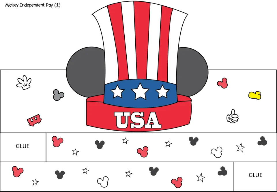 Mickey Independent Day (1): striped top hat labeled USA with Mickey ears, plus headband strips with glue tabs to cut out