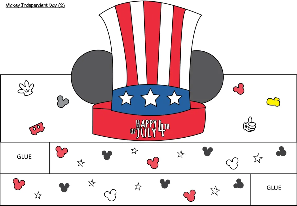 Mickey Independent Day (2): striped top hat with Mickey ears reading Happy 4th of July, plus headband strips marked GLUE