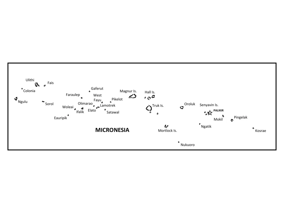 Labeled map of Micronesia naming the capital Palikir and islands such as Ulithi, Woleai, Truk Is., Mortlock Is. and Kosrae