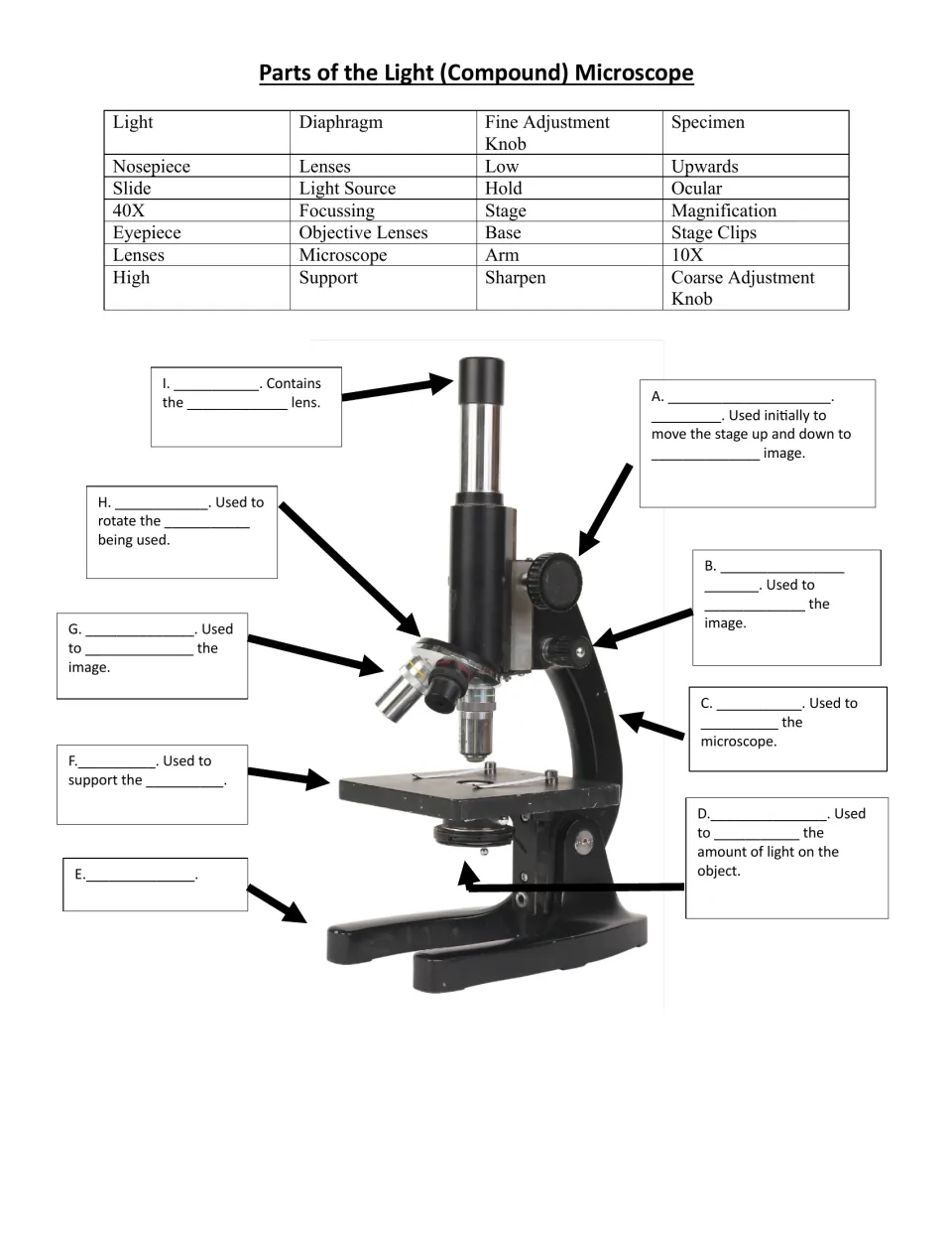 Microscope photo labeling: students name 9 parts, A to I, on a compound microscope and complete functions from a word bank