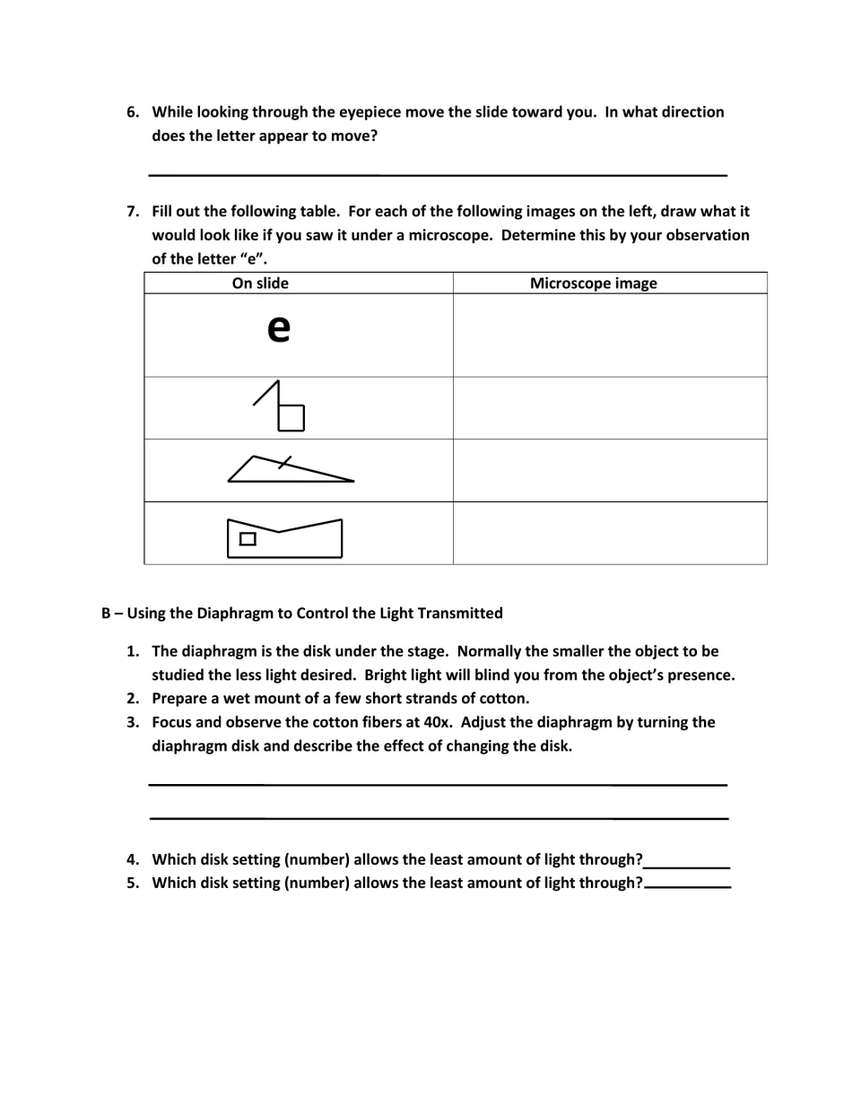 Lab continuation: predict microscope views of an e and shapes, then adjust light while viewing cotton.