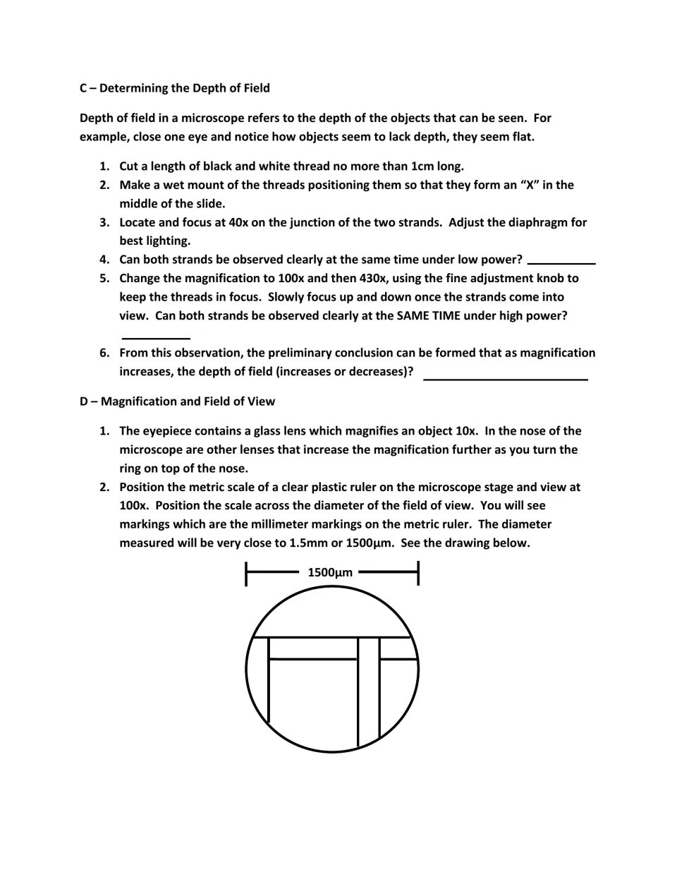 Lab Parts C and D: compare crossed threads at different powers and measure field of view with a ruler.