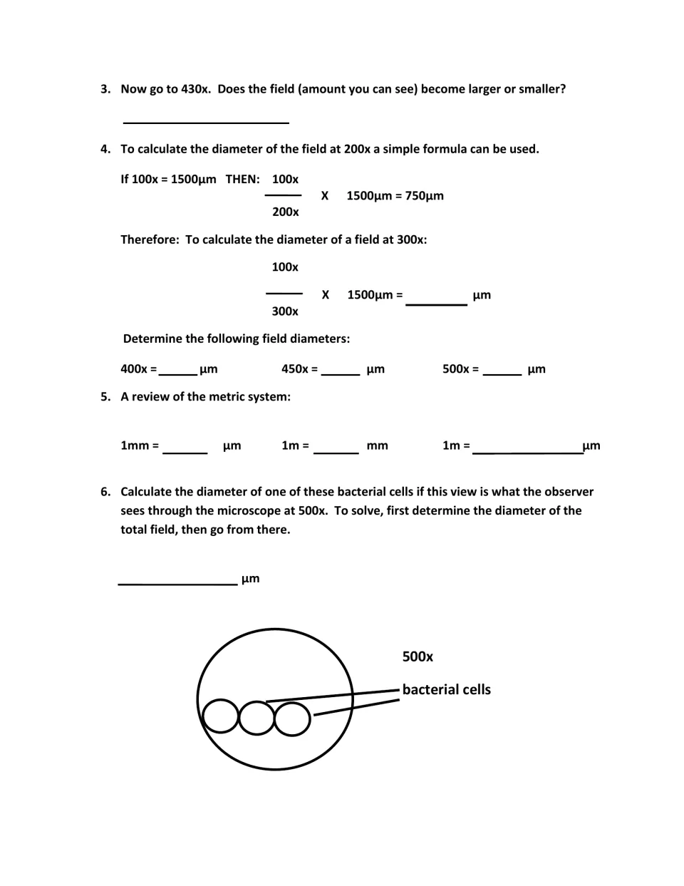 Lab Part D continuation: calculate field diameters, convert metric units, and estimate bacterial cell size.