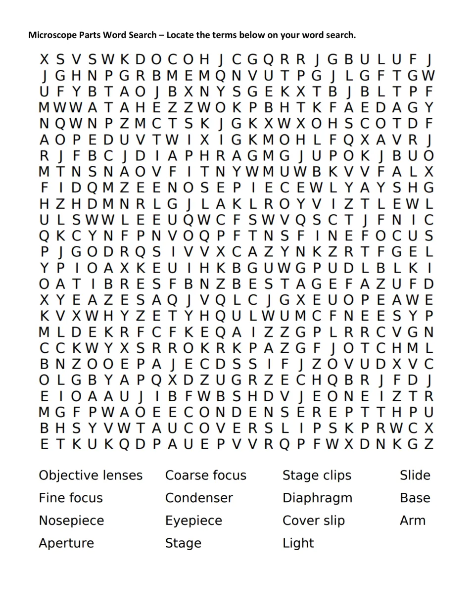 Microscope parts word search featuring 15 terms, including objective lenses, fine focus, nosepiece, and aperture