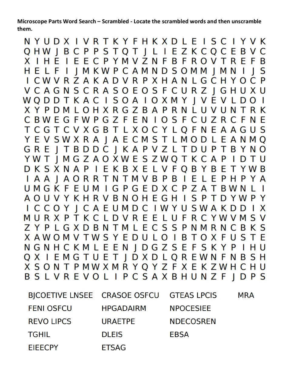 Scrambled microscope word search: locate scrambled terms such as FENI OSFCU and DLEIS, then unscramble them