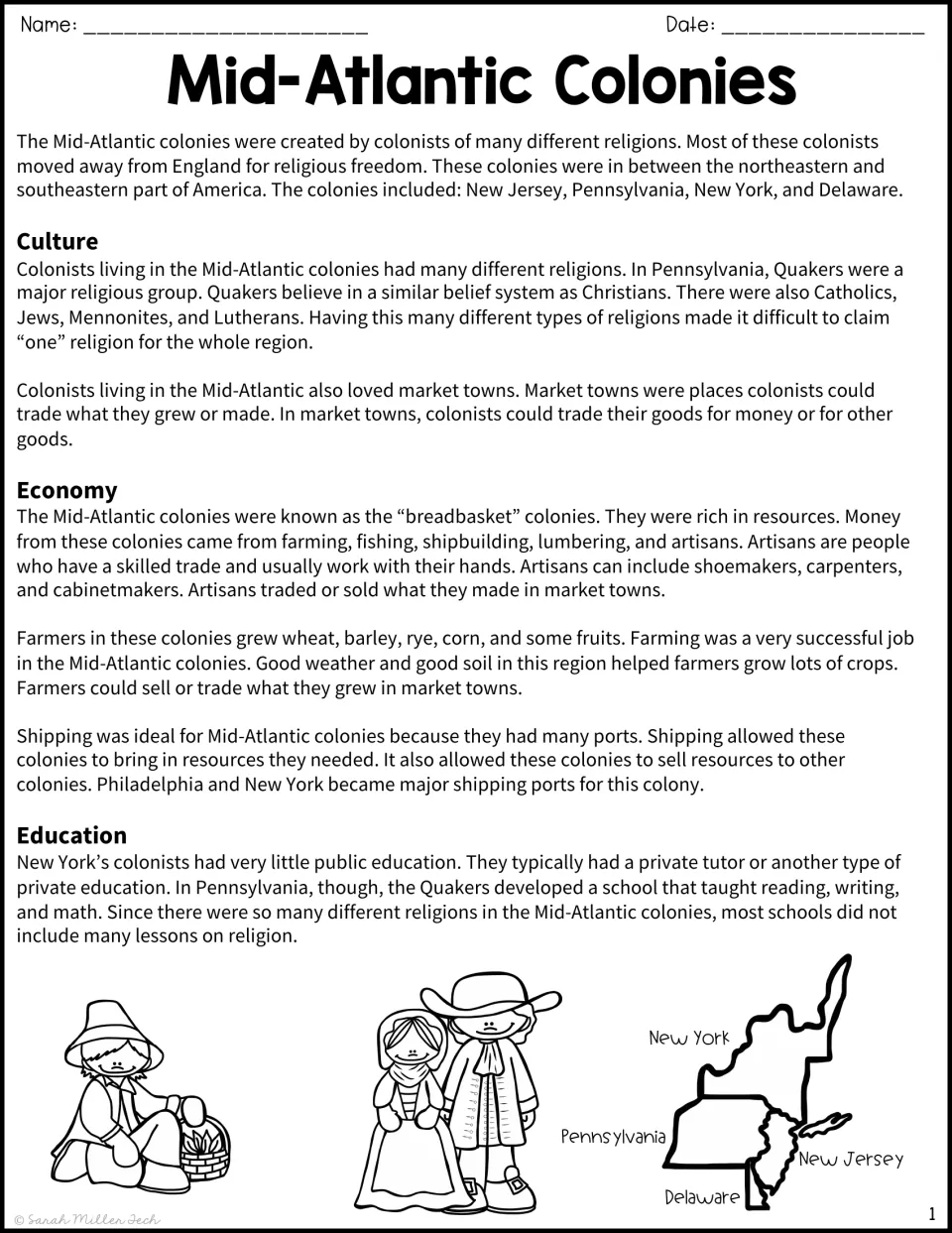 Reading passage about the middle colonies covers religious diversity, market towns, farming, and education.