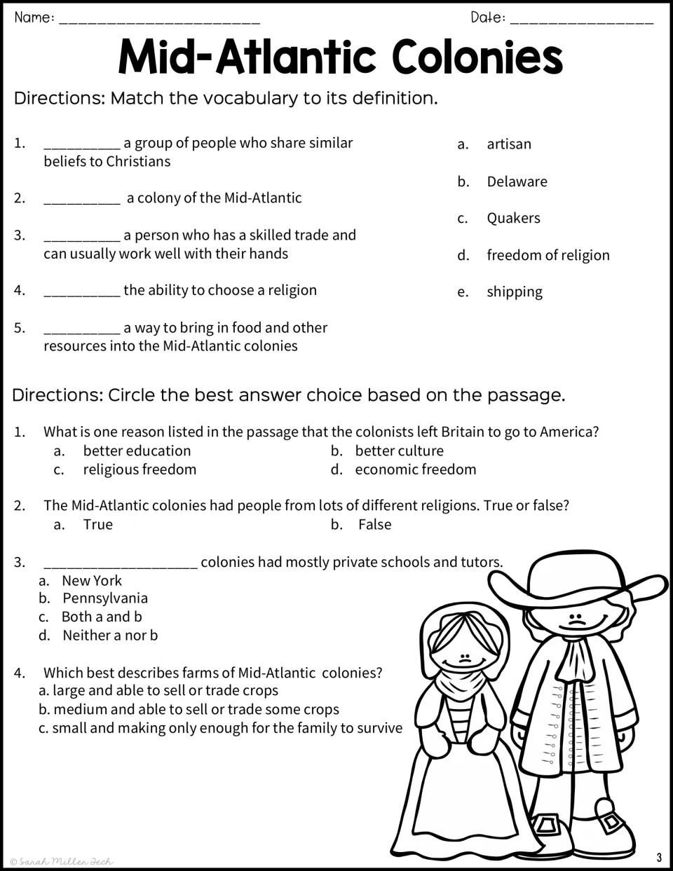 Vocabulary matching and questions 1–4 review Quakers, artisans, religious freedom, schools, and farming.