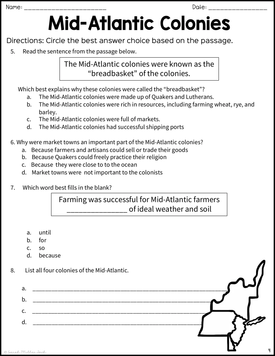 Questions 5–8 ask about the breadbasket nickname, market towns, farming conditions, and the four colonies.