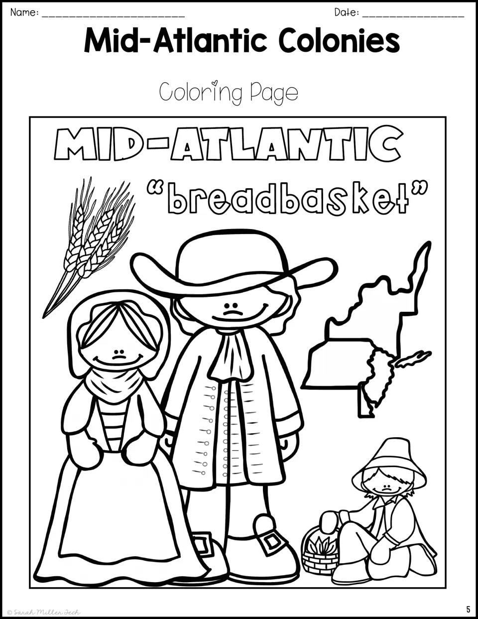Coloring page for the colonies packet features the word “breadbasket,” wheat, colonists, and a regional map.