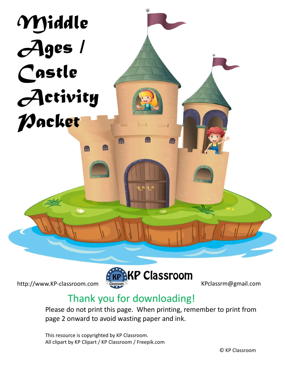 Cover of the Middle Ages / Castle Activity Packet, with instructions to begin printing at page 2