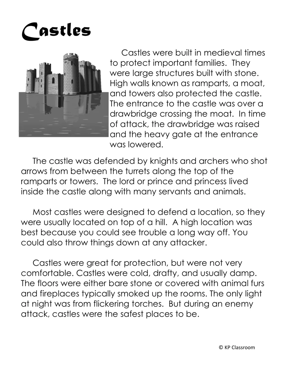 Longer castle reading passage describes defenses, hilltop locations, residents, and cold, damp interiors