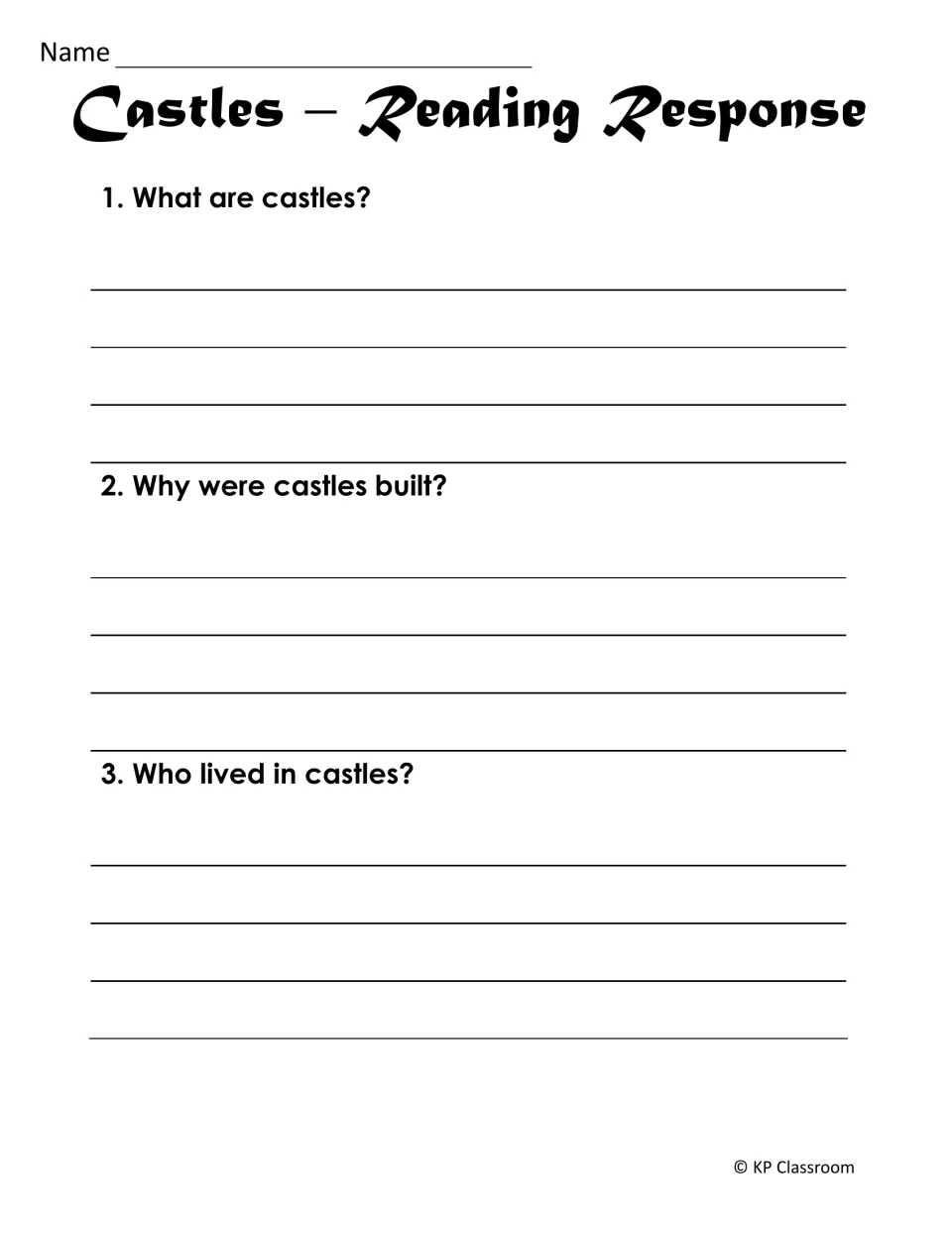 Castle reading response asks three questions about what castles are, why they were built, and who lived there