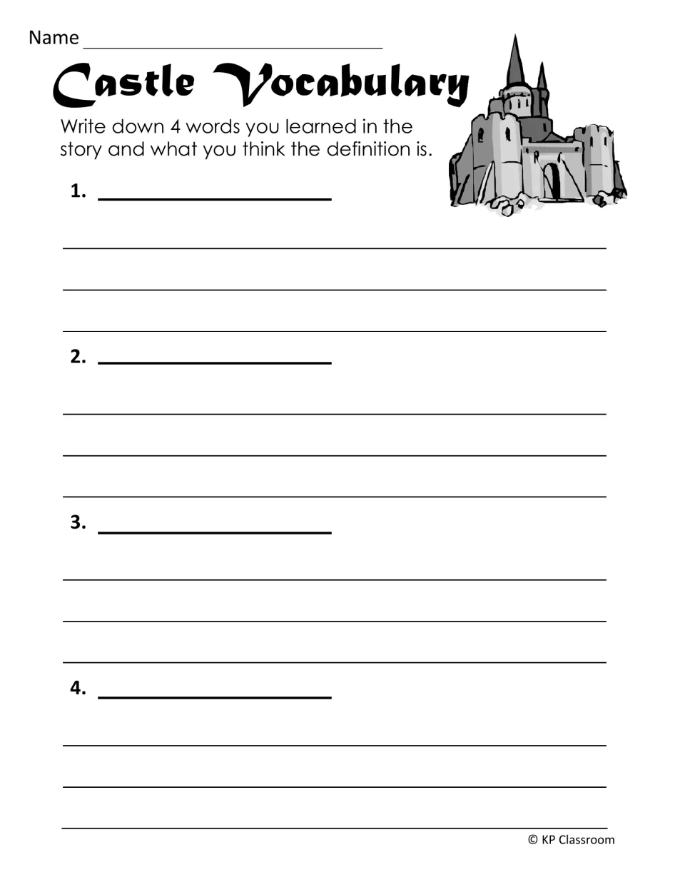 Castle vocabulary activity asks students to choose four words learned in the story and write their definitions