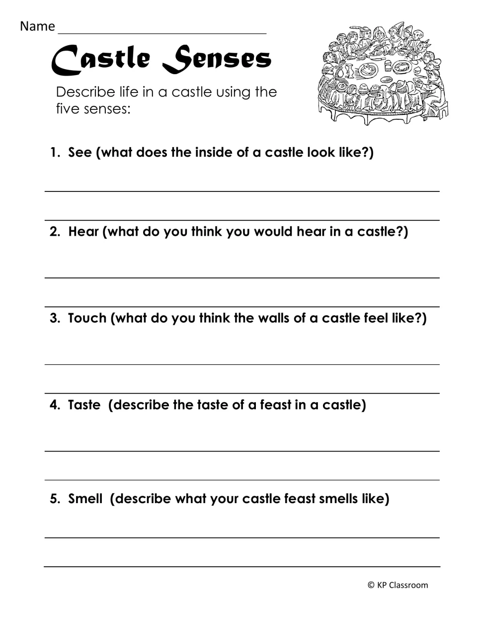 Castle senses activity asks students to describe castle sights, sounds, wall textures, and feast tastes and smells