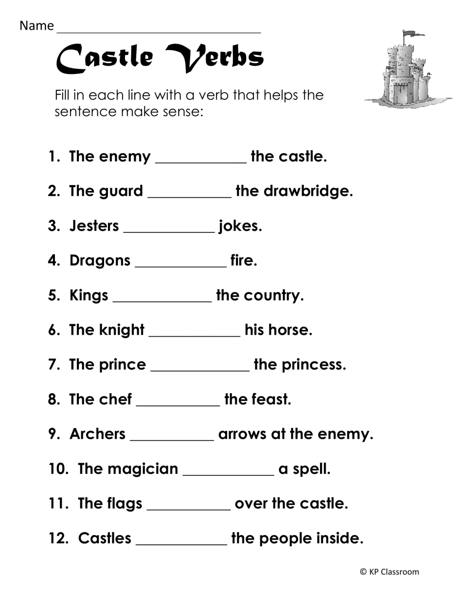 Castle verbs activity has 12 sentences to complete about guards, jesters, dragons, knights, and other castle topics