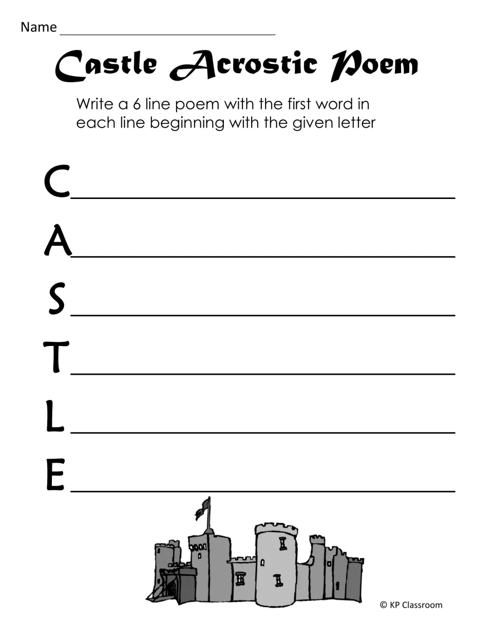 Castle acrostic poem activity asks students to write six lines beginning with the letters C, A, S, T, L, and E