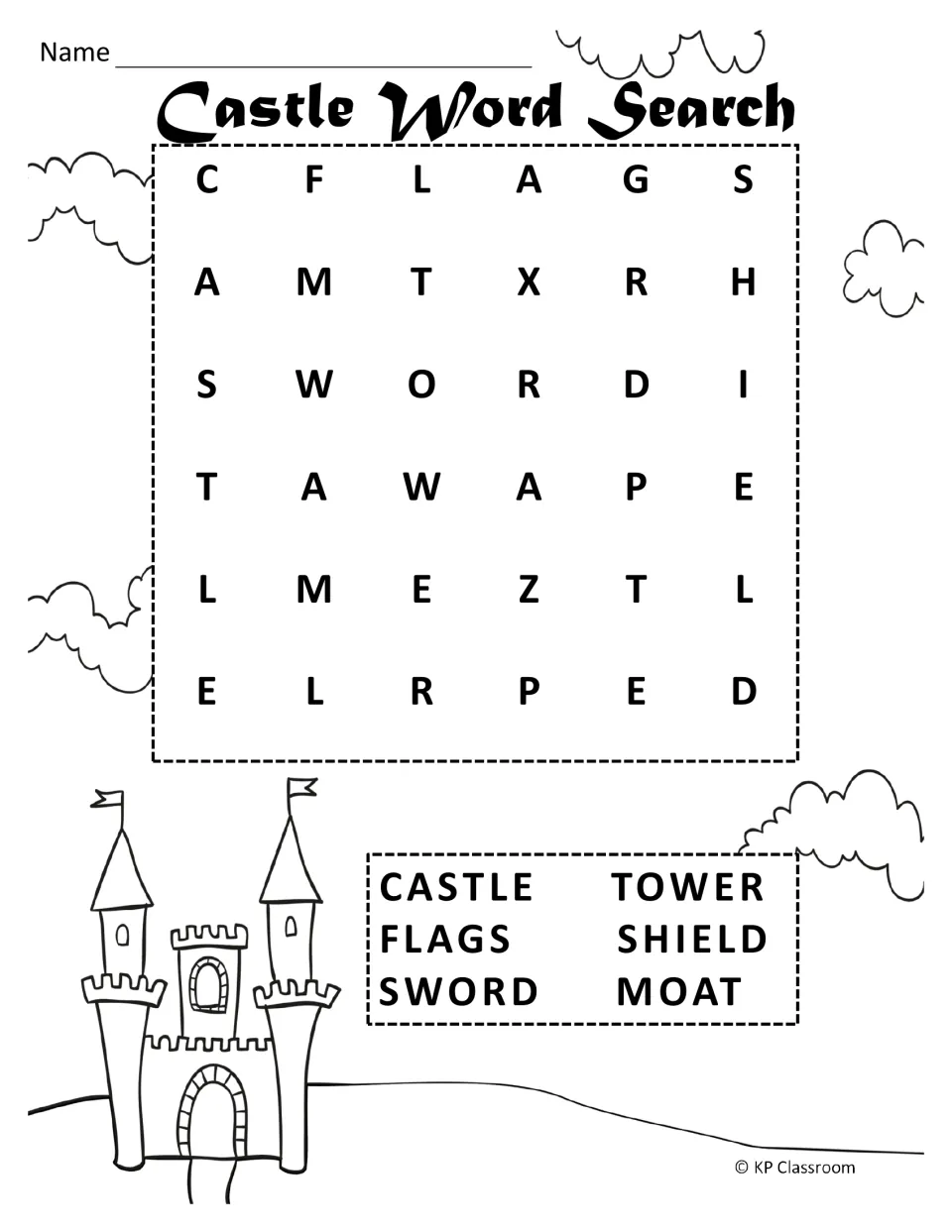 Castle word search asks students to find six listed words: castle, flags, sword, tower, shield, and moat