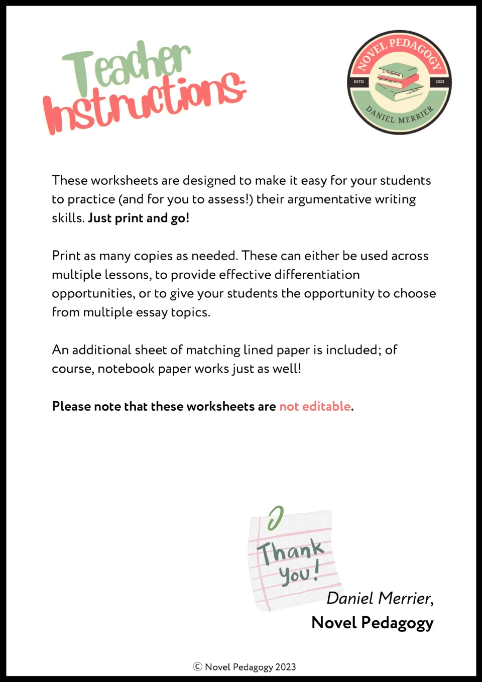 Teacher instructions for argumentative writing sheets: print and go, use for choice of topics, lined paper included