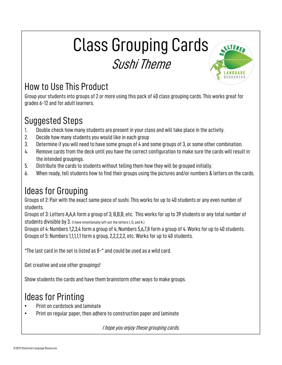 Class Grouping Cards, Sushi Theme: six steps for sorting 40 cards into pairs or groups of 3, 4 or 5, plus printing tips
